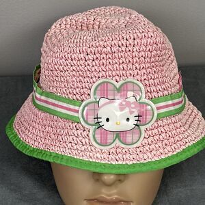Vintage Y2K Kids Sanrio Hello Kitty Bucket Hat Paper Straw Pink Green Daisy Cute